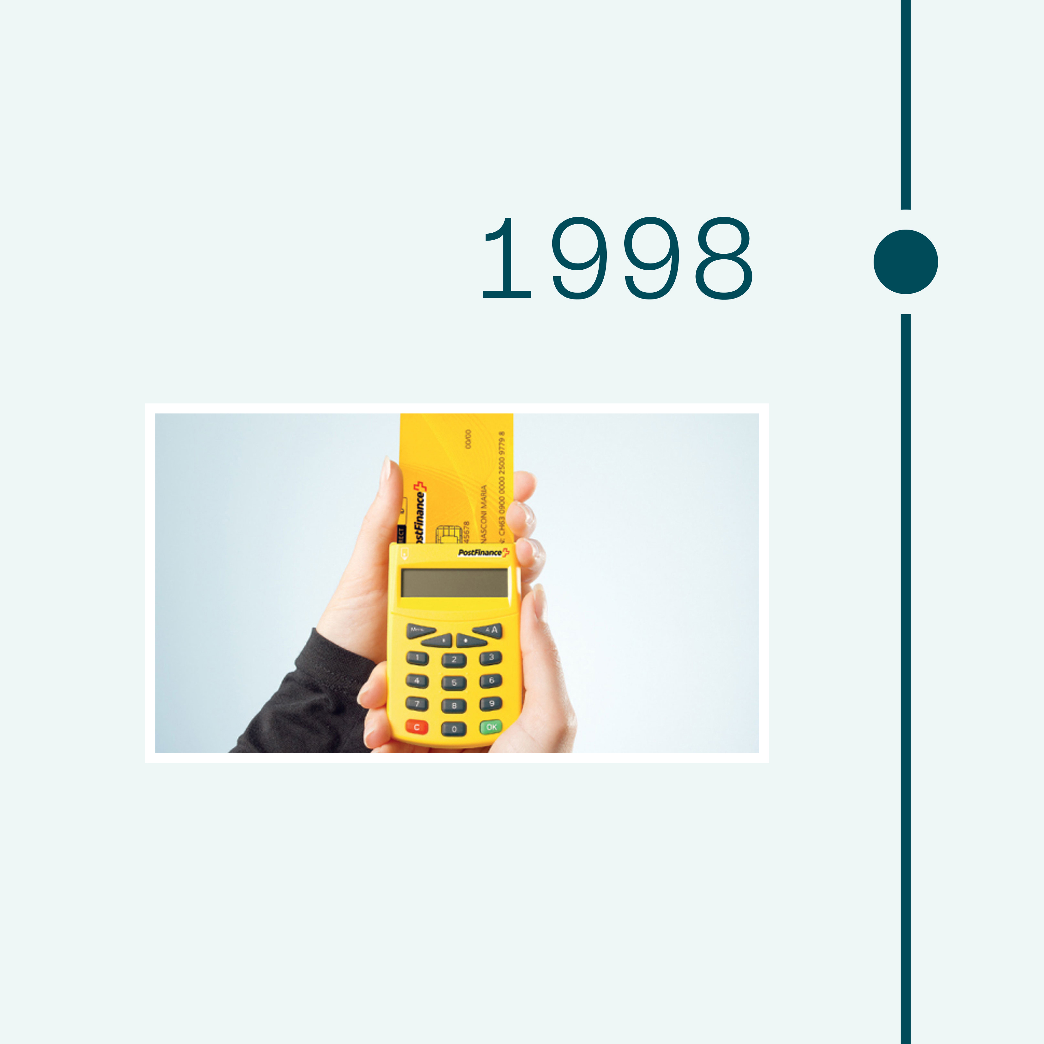 1998. Immagine dell’apparecchio di lettura con la PostFinance Card inserita